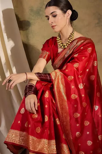 Bold red banarasi silk saree with weaving work
