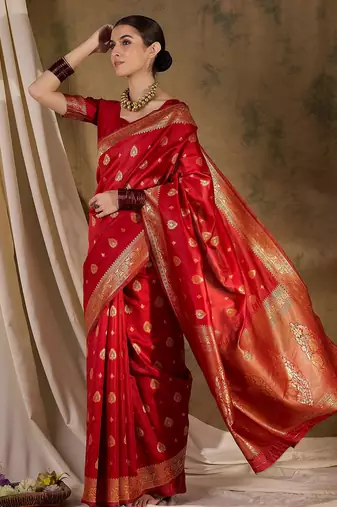 Bold red banarasi silk saree with weaving work
