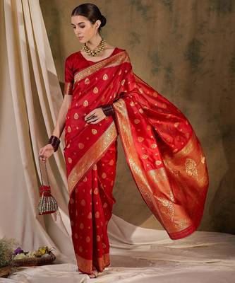 Bold red banarasi silk saree with weaving work 3