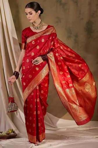 Bold red banarasi silk saree with weaving work