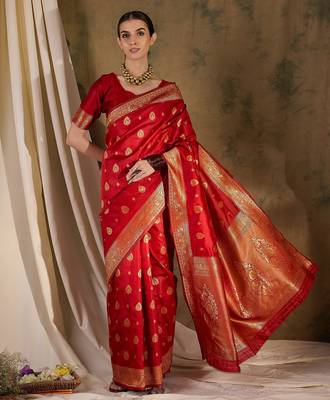 Bold red banarasi silk saree with weaving work 4