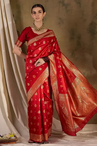 Bold red banarasi silk saree with weaving work