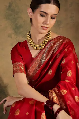 Bold red banarasi silk saree with weaving work