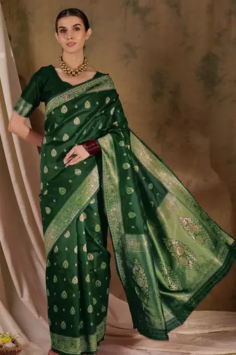 Enchanting green banarasi silk saree with weaving work