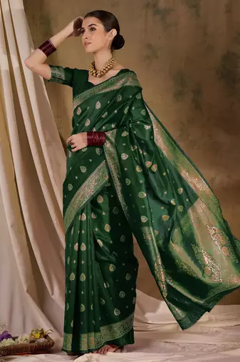 Enchanting green banarasi silk saree with weaving work