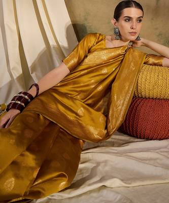Vibrant mustard banarasi silk saree with weaving work 1