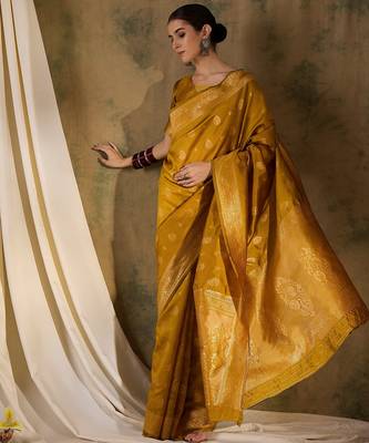 Vibrant mustard banarasi silk saree with weaving work 2