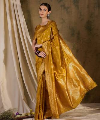 Vibrant mustard banarasi silk saree with weaving work 3