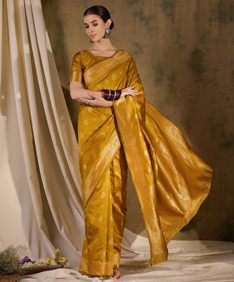 Vibrant mustard banarasi silk saree with weaving work 4
