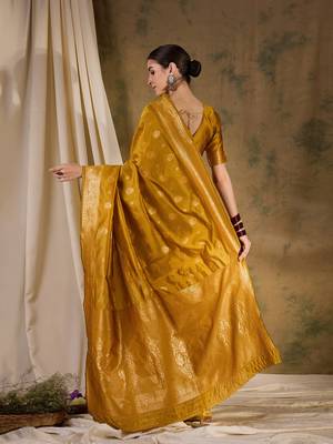 Vibrant mustard banarasi silk saree with weaving work 5
