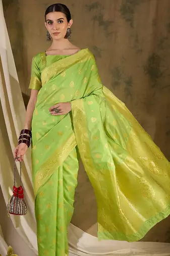 Elegant pista green banarasi silk saree with weaving work