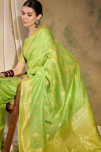 Elegant pista green banarasi silk saree with weaving work