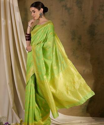 Elegant pista green banarasi silk saree with weaving work 3