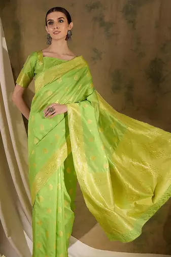 Elegant pista green banarasi silk saree with weaving work