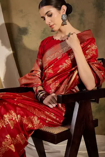 Stunning red banarasi silk saree with weaving work