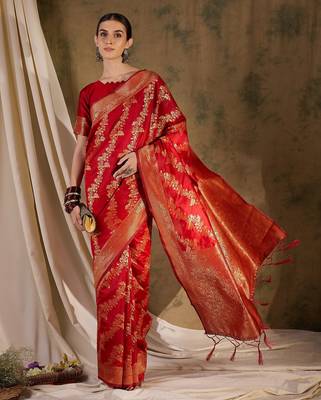 Stunning red banarasi silk saree with weaving work 2
