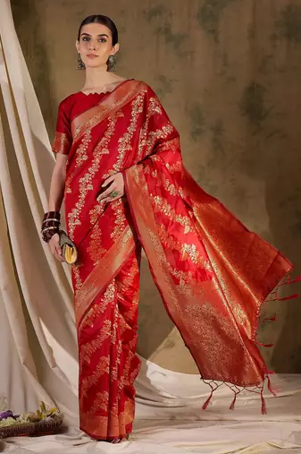 Stunning red banarasi silk saree with weaving work