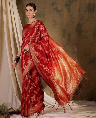 Stunning red banarasi silk saree with weaving work 3