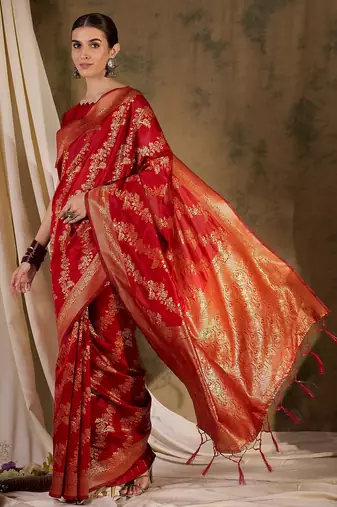 Stunning red banarasi silk saree with weaving work
