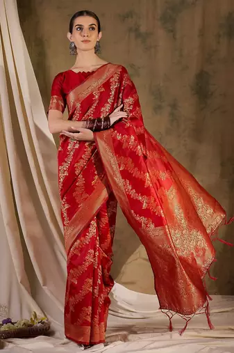 Stunning red banarasi silk saree with weaving work