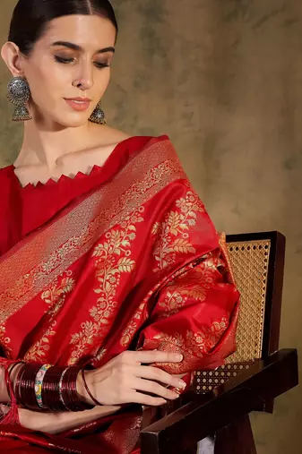 Stunning red banarasi silk saree with weaving work