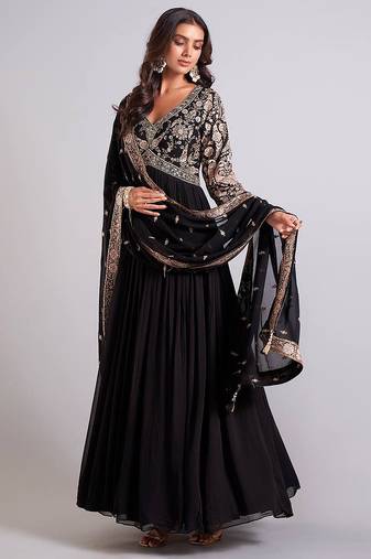 Midnight bloom embroidered georgette anarkali gown