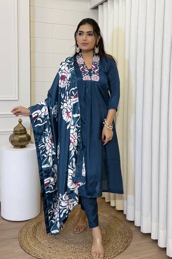 Teal teal embroidered chinnon kurti with pant & dupatta set
