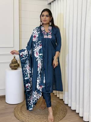 Teal teal embroidered chinnon kurti with pant & dupatta set 1