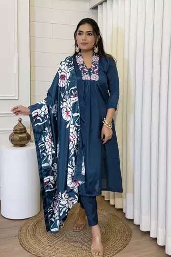 Teal teal embroidered chinnon kurti with pant & dupatta set