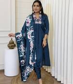 Teal teal embroidered chinnon kurti with pant & dupatta set
