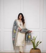 Off white beige viscose chanderi embroidered kurti pant & dupatta set