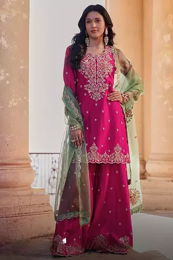 Magenta chinon silk embroidered suit set