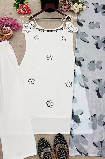 white roman silk embroidered kurta set