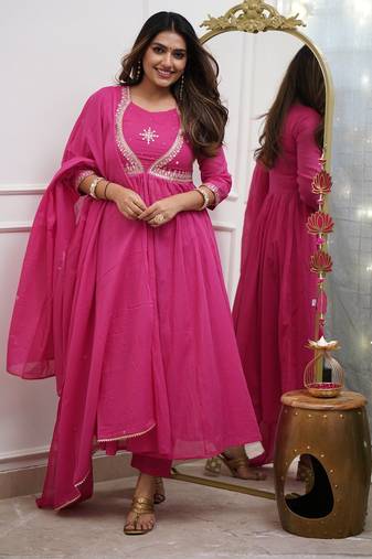 Pink muslin cotton embroidered anarkali gown with bottom & chanderi dupatta set