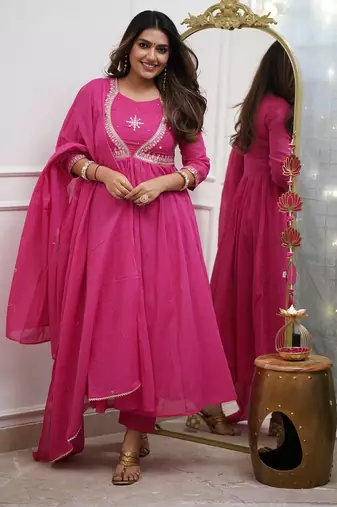 Pink muslin cotton embroidered anarkali gown with bottom & chanderi dupatta set