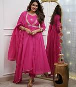 Pink muslin cotton embroidered anarkali gown with bottom & chanderi dupatta set