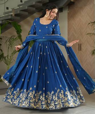 Royal blue chinon silk anarkali set 1