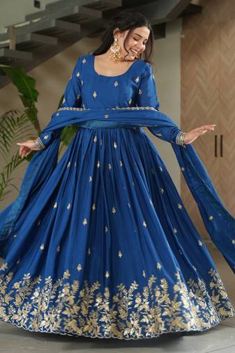 Royal blue chinon silk anarkali set