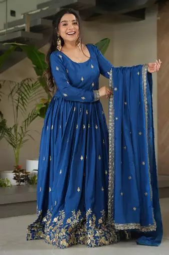 Royal blue chinon silk anarkali set