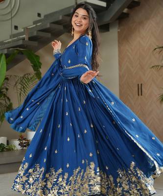 Royal blue chinon silk anarkali set 3