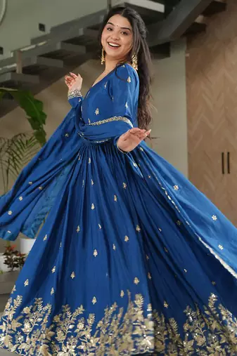 Royal blue chinon silk anarkali set