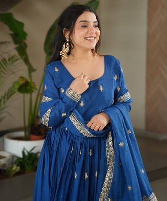 Royal blue chinon silk anarkali set 4