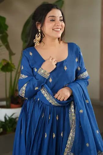 Royal blue chinon silk anarkali set