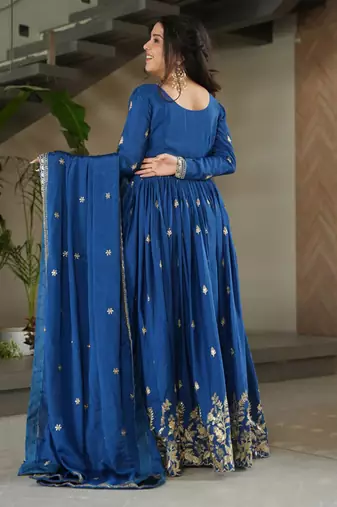 Royal blue chinon silk anarkali set