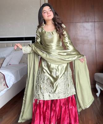 Olive & crimson satin sharara set 1