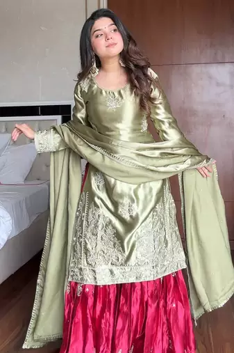 Olive & crimson moss satin sharara set