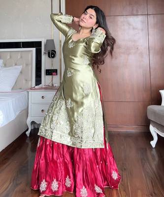 Olive & crimson satin sharara set 2