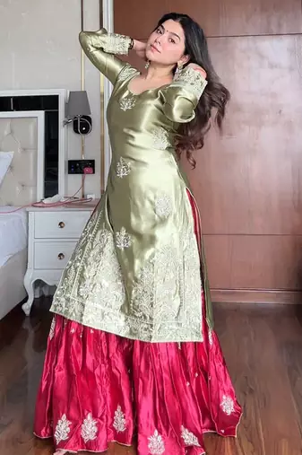 Olive & crimson satin sharara set