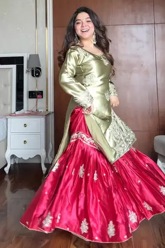 Olive & crimson satin sharara set