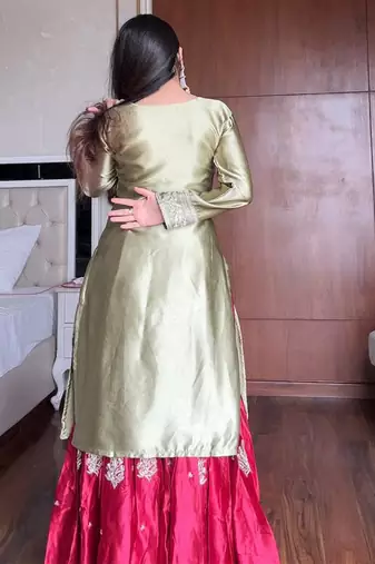 Olive & crimson satin sharara set